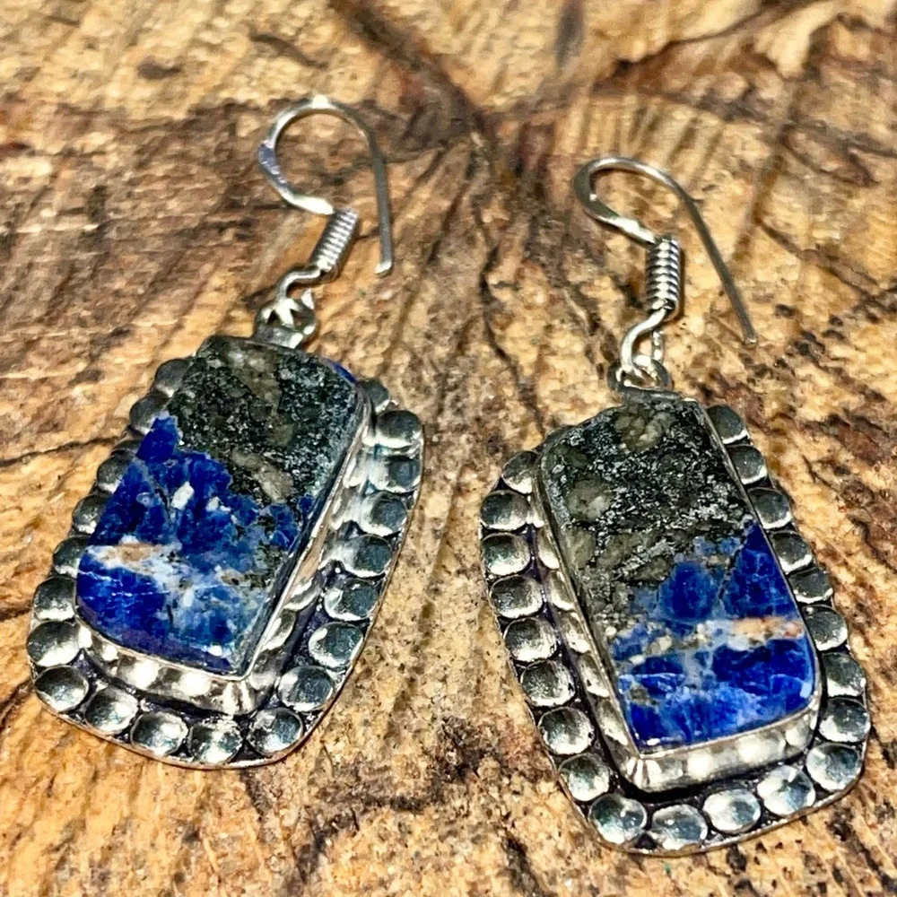 Navy Sodalite with Pyrite Earrings 1 1/2” - Picture 3 of 11